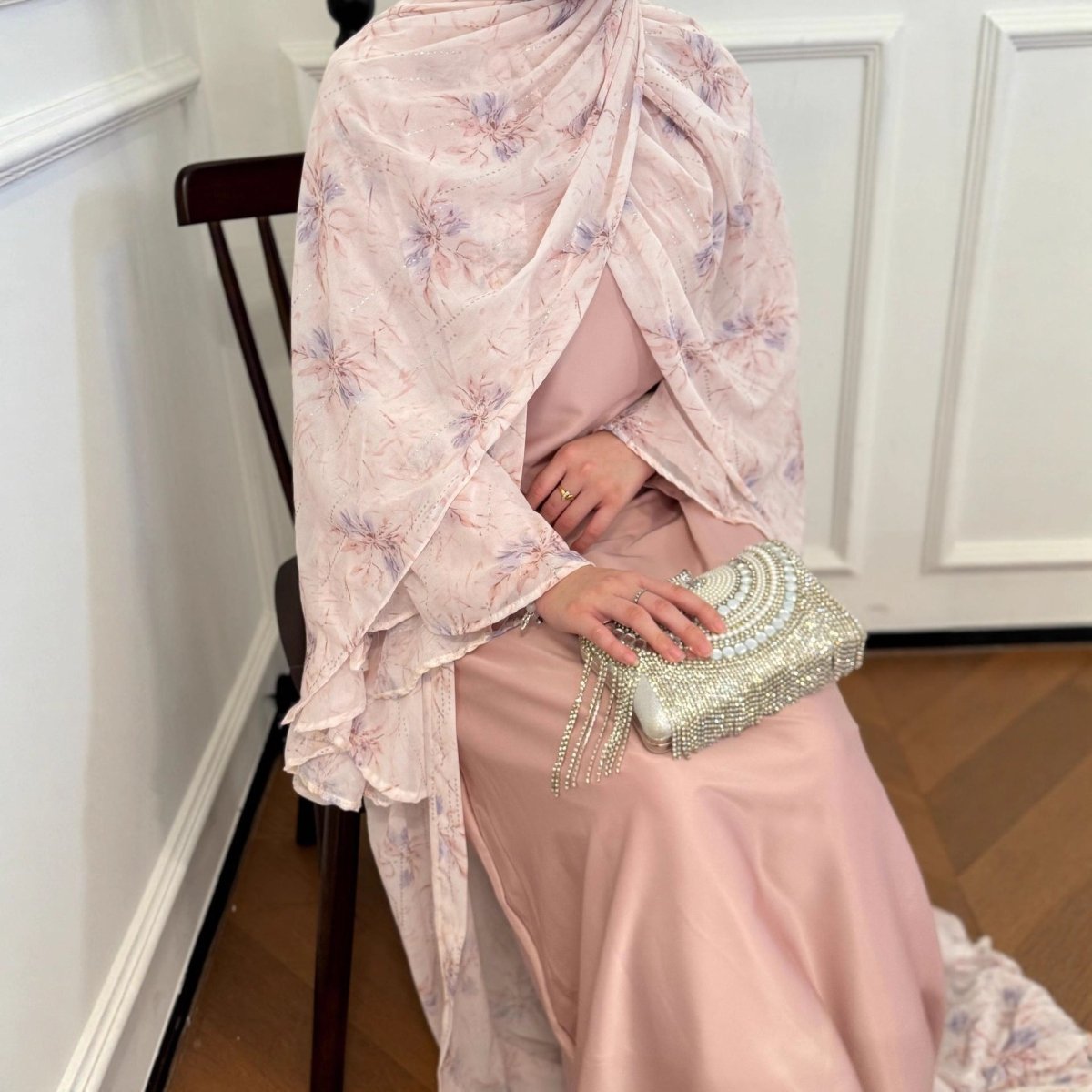 Floral Chiffon 3 - Piece Open Abaya Set(MOA301) - Mariam's Collection