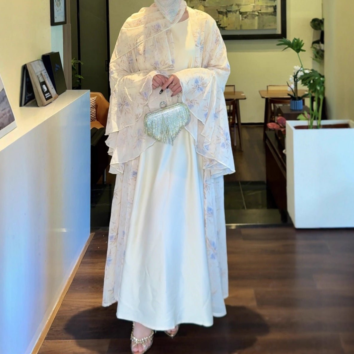Floral Chiffon 3 - Piece Open Abaya Set(MOA301) - Mariam's Collection