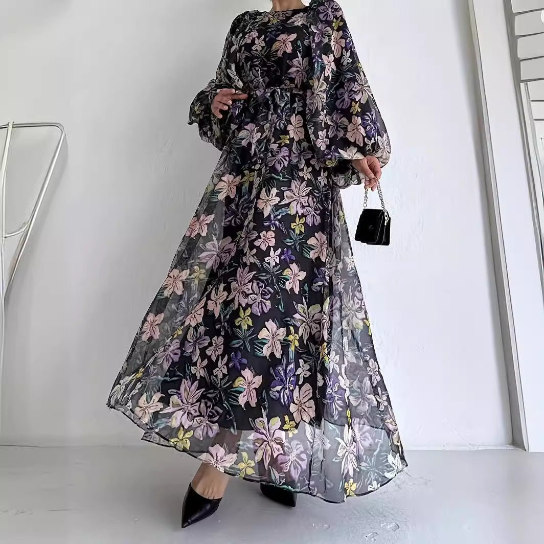 Floral Chiffon Dress with Puff Sleeves