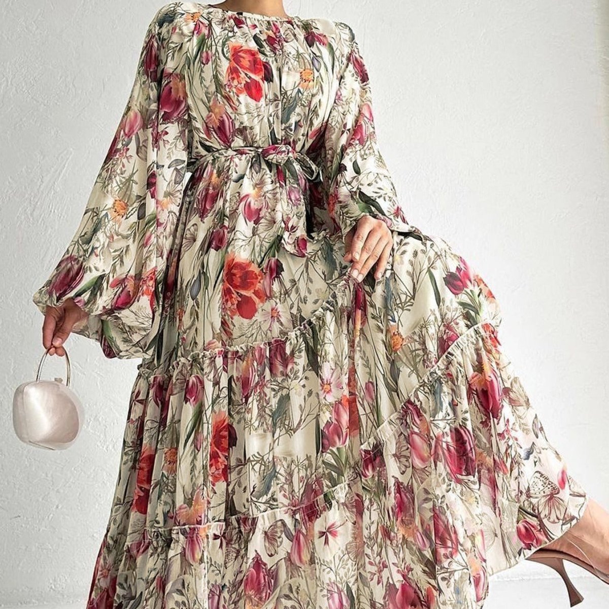 Floral Chiffon Dress with Three-Tier Ruffle Skirt