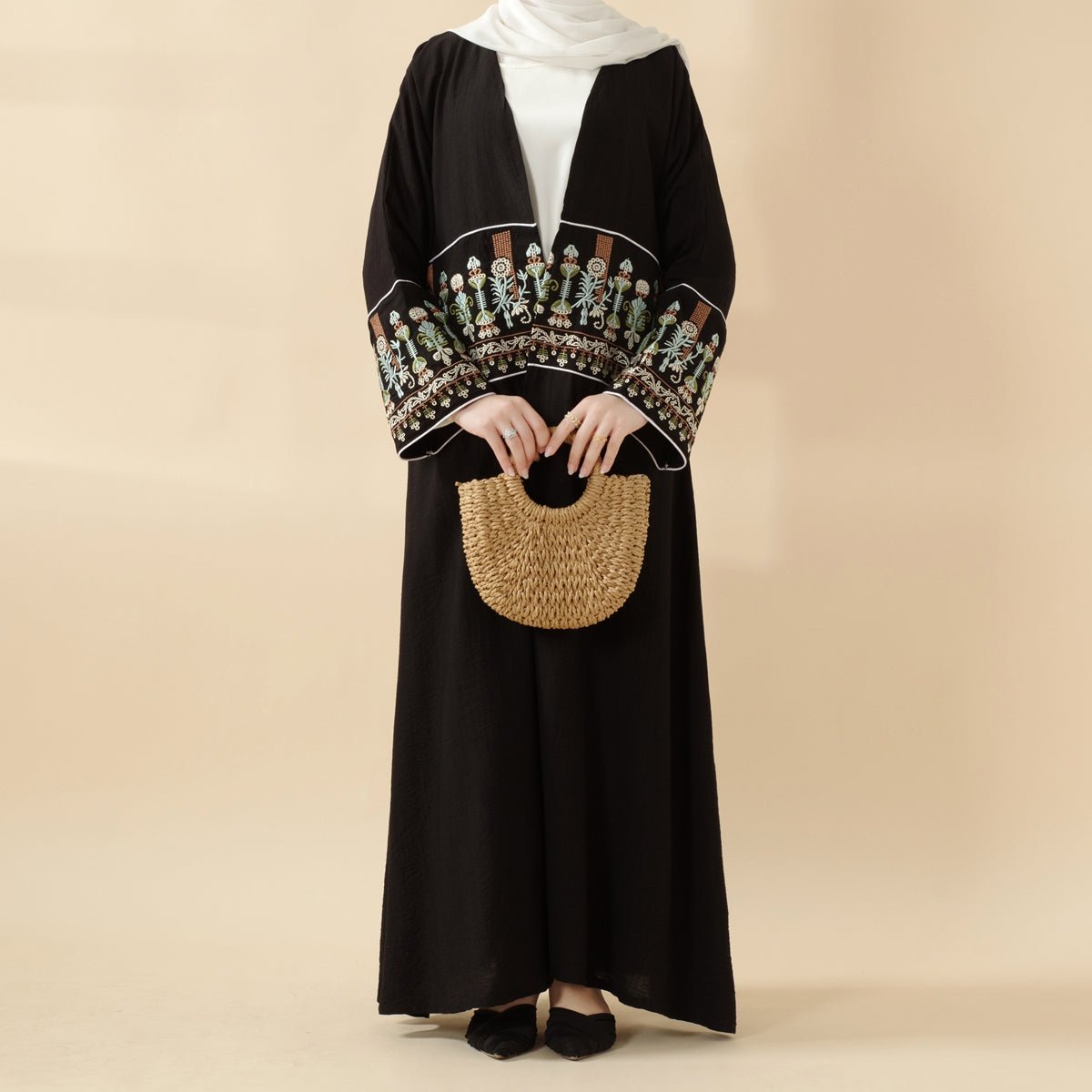 Floral Embroidered Crepe Open Abaya (MOA128) - Mariam's Collection