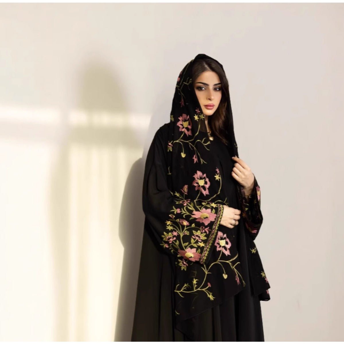 Floral Embroidered Mesh Abaya | Modest Muslim Luxury Black Sheer Robe with Pink/Green Floral Lace. (MOA179) - Mariam's Collection
