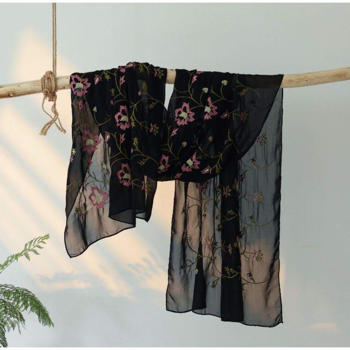 Floral Embroidered Mesh Abaya | Modest Muslim Luxury Black Sheer Robe with Pink/Green Floral Lace. (MOA179) - Mariam's Collection