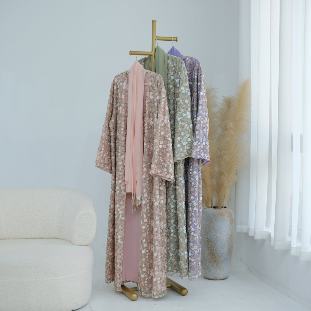 Floral Embroidered Mesh Open Abaya & Hijab Set(MOA321) - Mariam's Collection