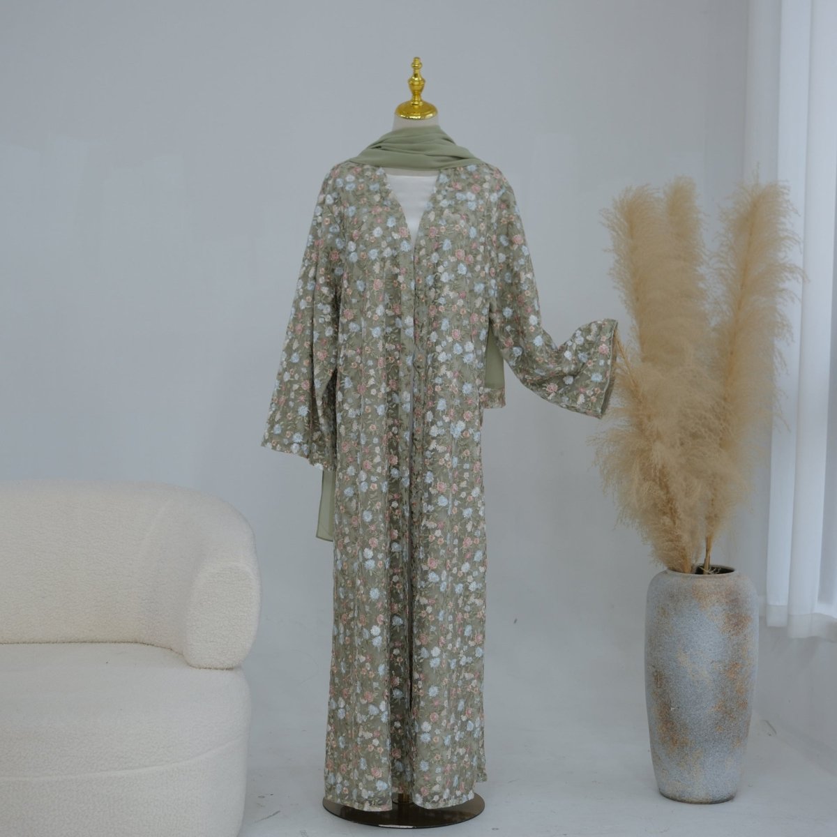 Floral Embroidered Mesh Open Abaya & Hijab Set(MOA321) - Mariam's Collection