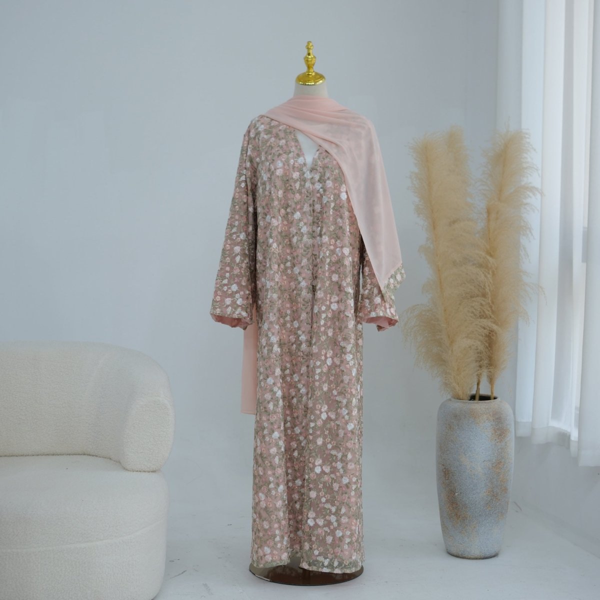 Floral Embroidered Mesh Open Abaya & Hijab Set(MOA321) - Mariam's Collection