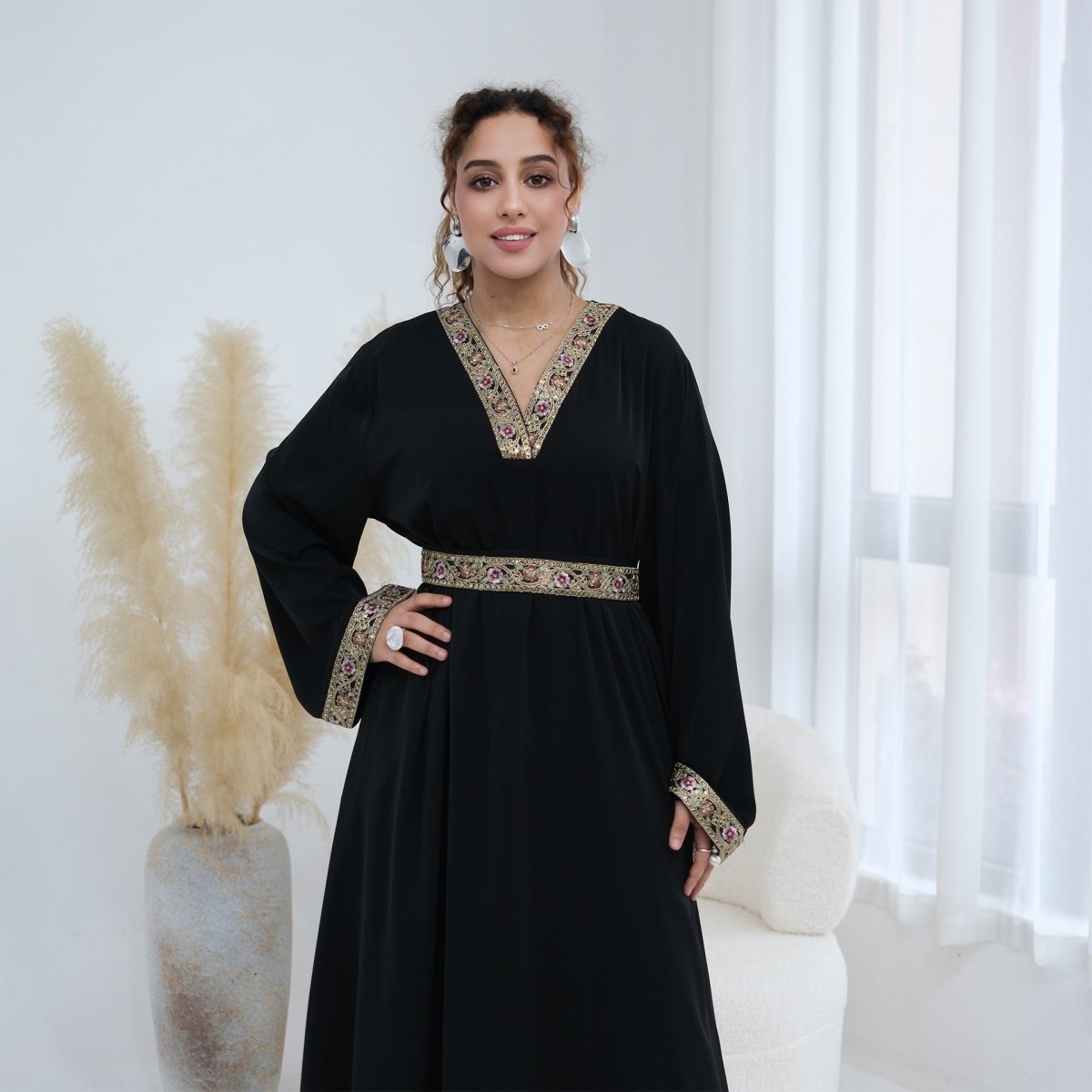 Floral Embroidered V-Neck Nida Maxi Dress(MA448) - Mariam's Collection