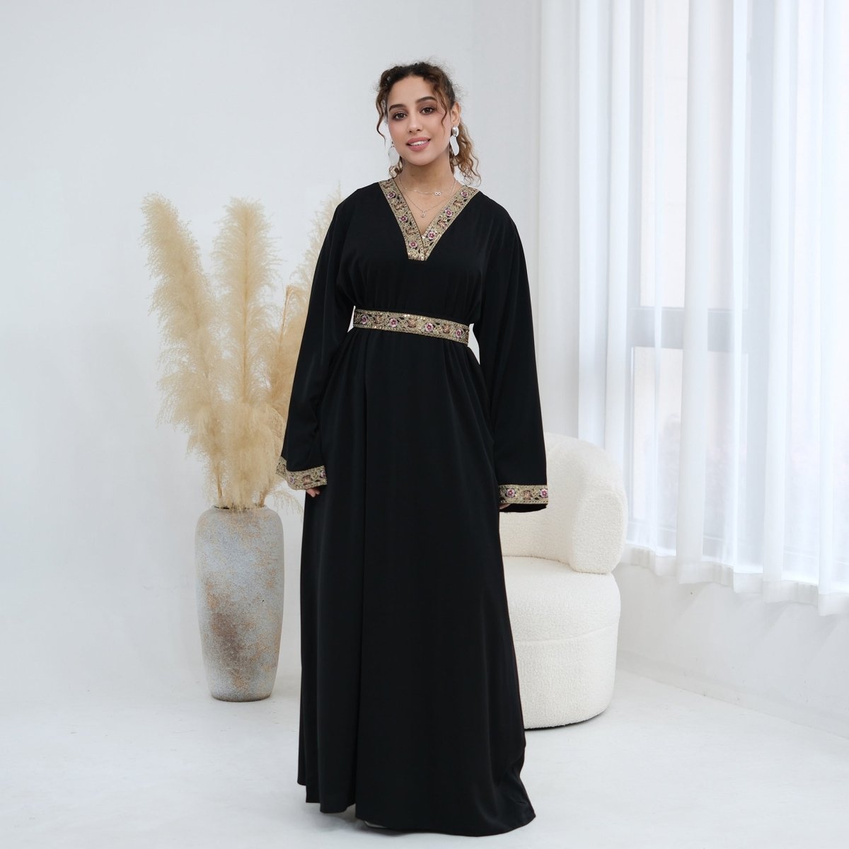 Floral Embroidered V-Neck Nida Maxi Dress(MA448) - Mariam's Collection