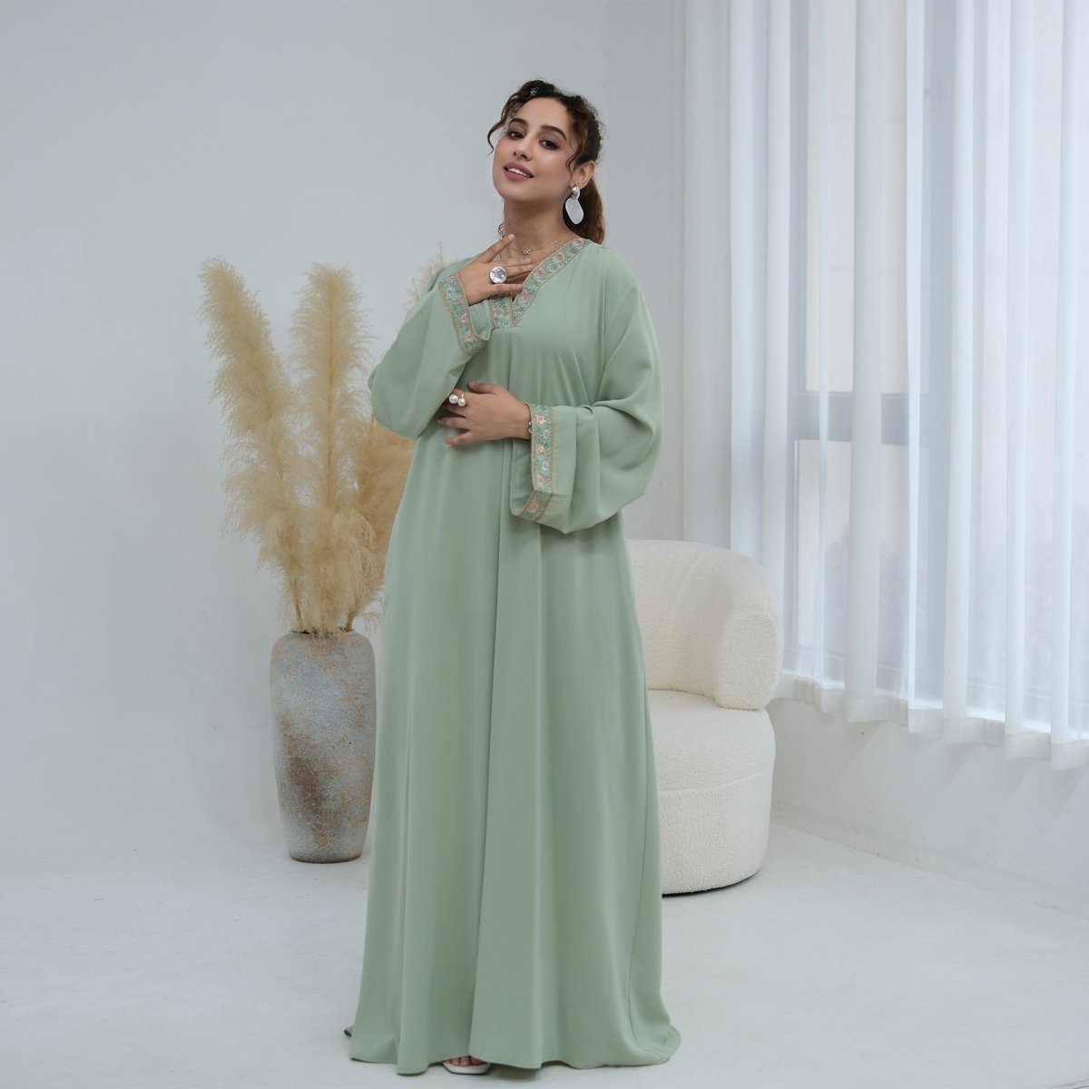 Floral Embroidered V-Neck Nida Maxi Dress(MA448) - Mariam's Collection