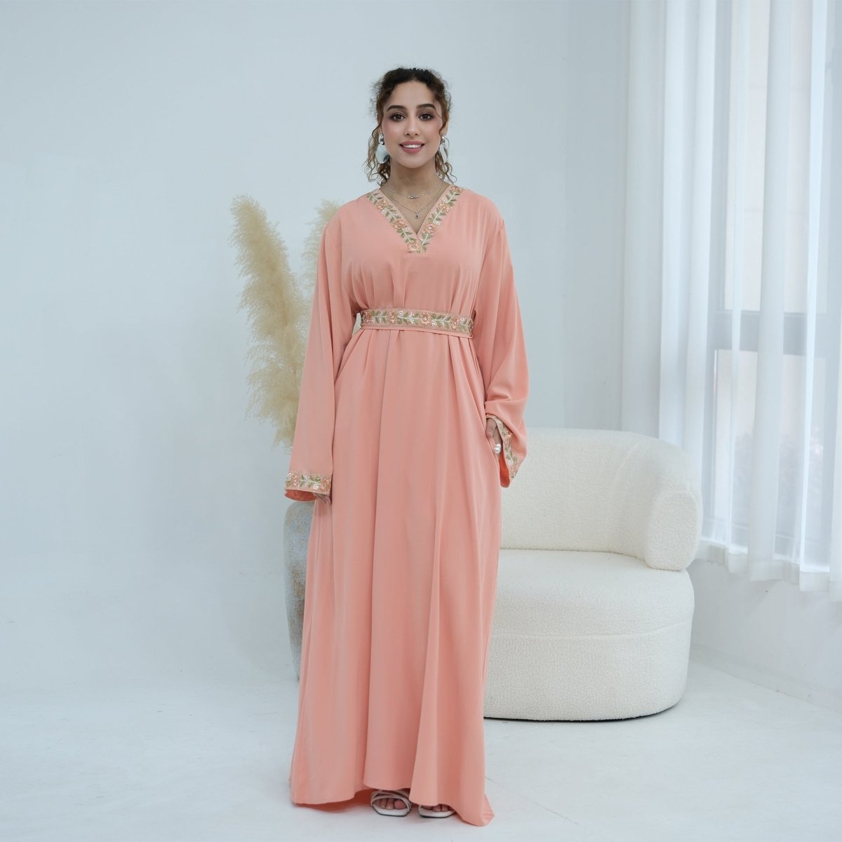 Floral Embroidered V-Neck Nida Maxi Dress(MA448) - Mariam's Collection