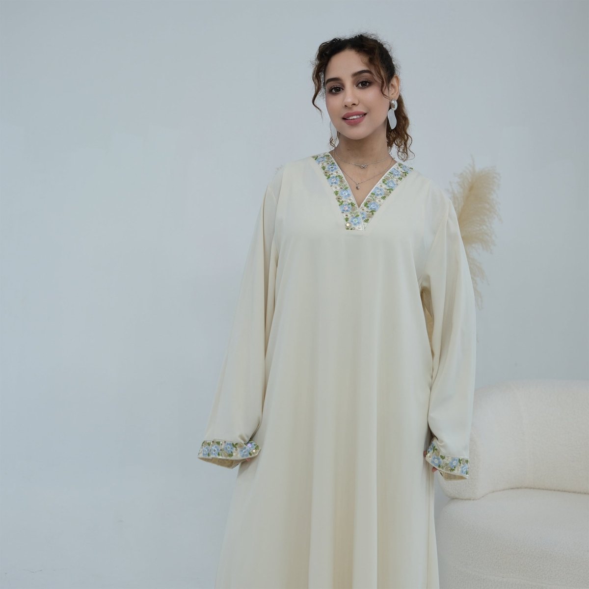 Floral Embroidered V-Neck Nida Maxi Dress(MA448) - Mariam's Collection
