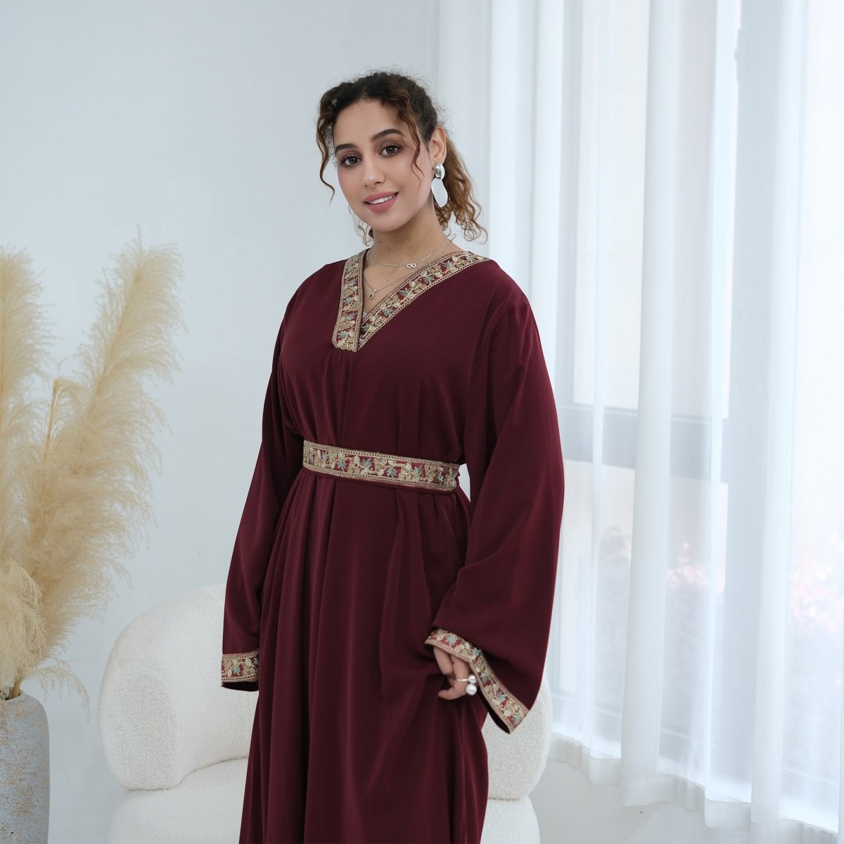 Floral Embroidered V-Neck Nida Maxi Dress(MA448) - Mariam's Collection