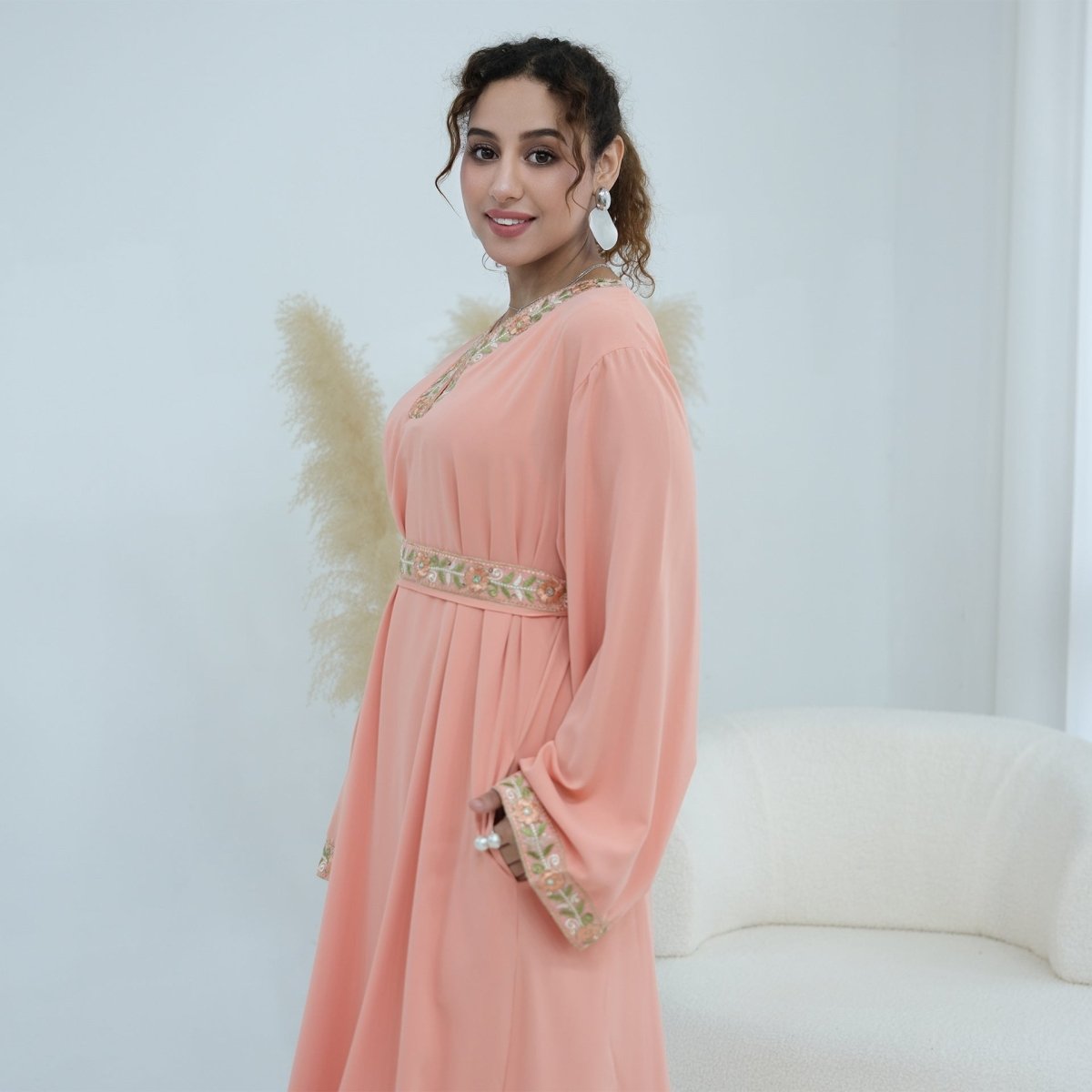 Floral Embroidered V-Neck Nida Maxi Dress(MA448) - Mariam's Collection