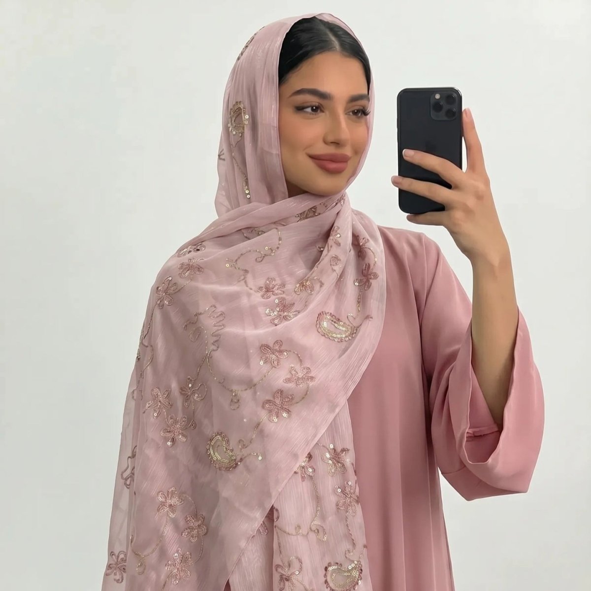Floral Embroidery Sequin Hijab Scarf (MH244) - Mariam's Collection