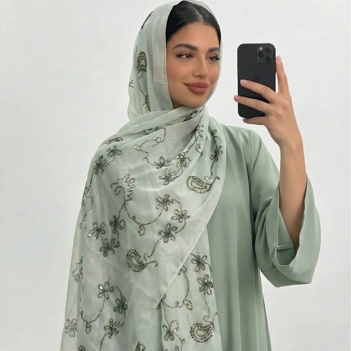 Floral Embroidery Sequin Hijab Scarf (MH244) - Mariam's Collection