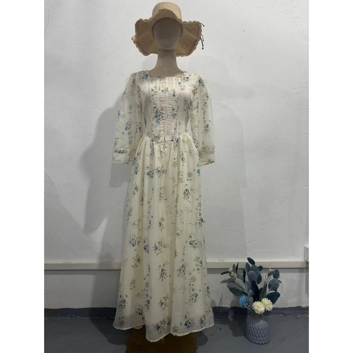 Floral Fairy Romantic Square Neck Bubble Sleeve Gown Dress Abaya with Back Lace - Up Detail. (MA224) - Mariam's Collection