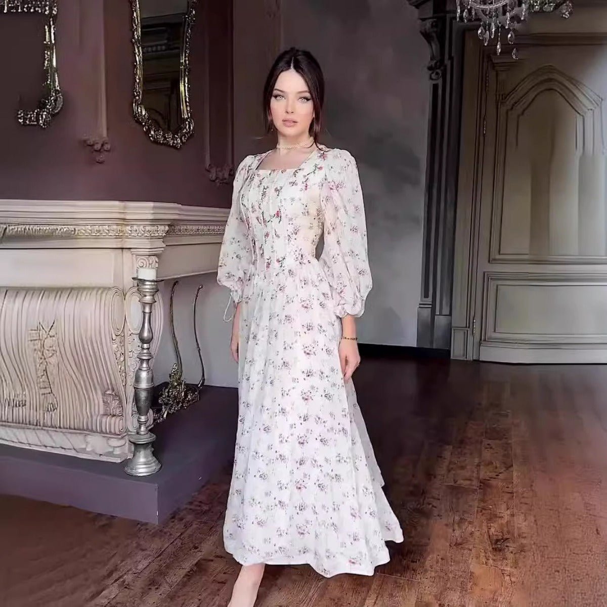 Floral Fairy Romantic Square Neck Bubble Sleeve Gown Dress Abaya with Floral Fairy Romantic Square Neck Bubble Sleeve Gown Dress Abaya with