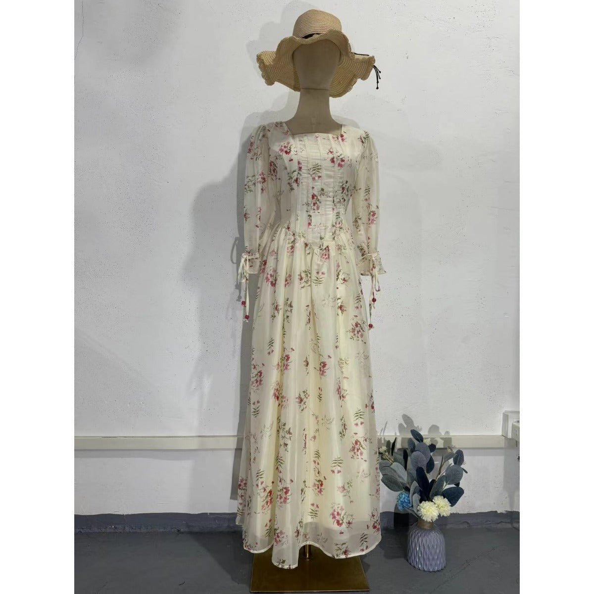 Floral Fairy Romantic Square Neck Bubble Sleeve Gown Dress Abaya with Back Lace - Up Detail. (MA224) - Mariam's Collection