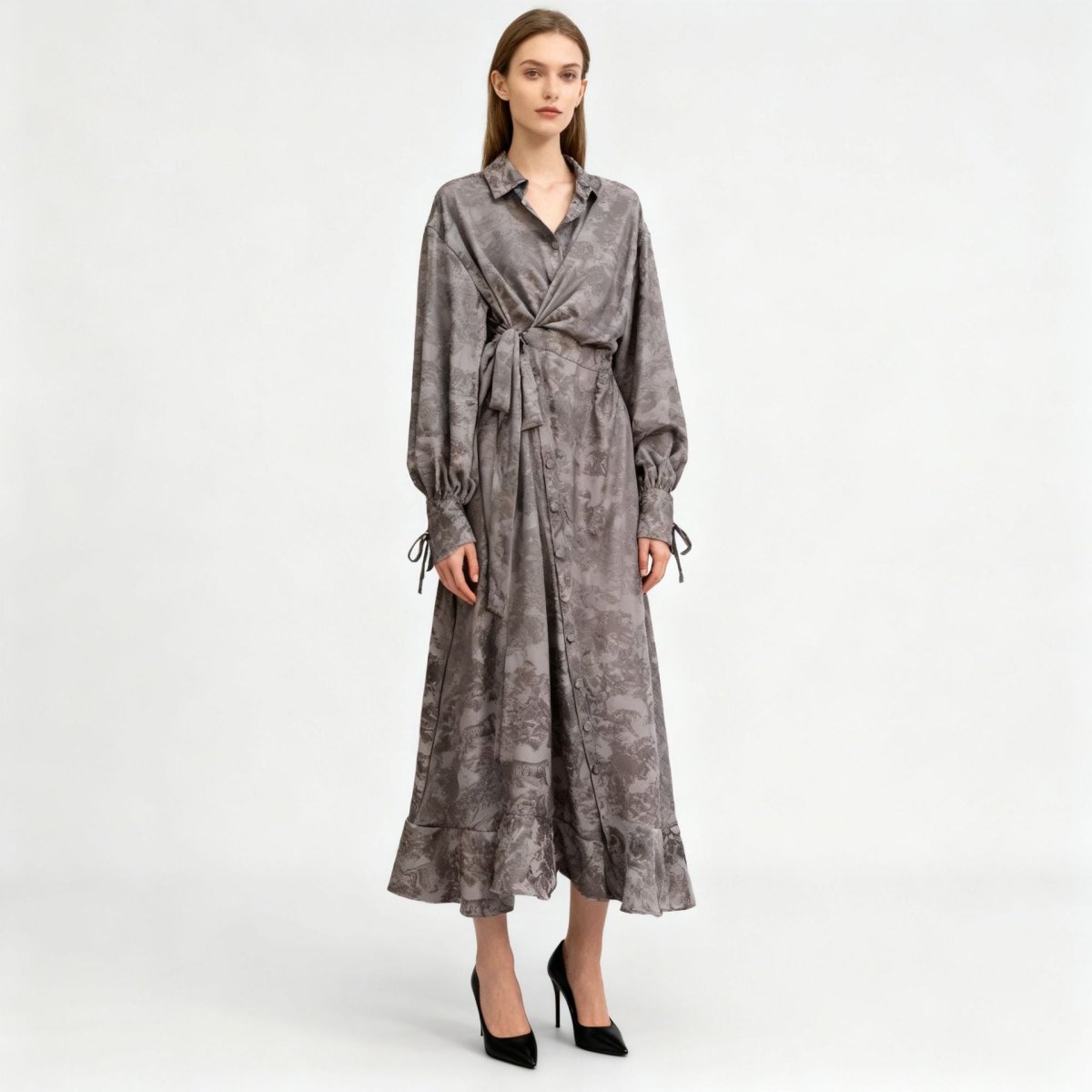 Floral Jacquard Wrap Dress | Collared Tie - Sleeve Maxi Dress(MS257) - Mariam's Collection