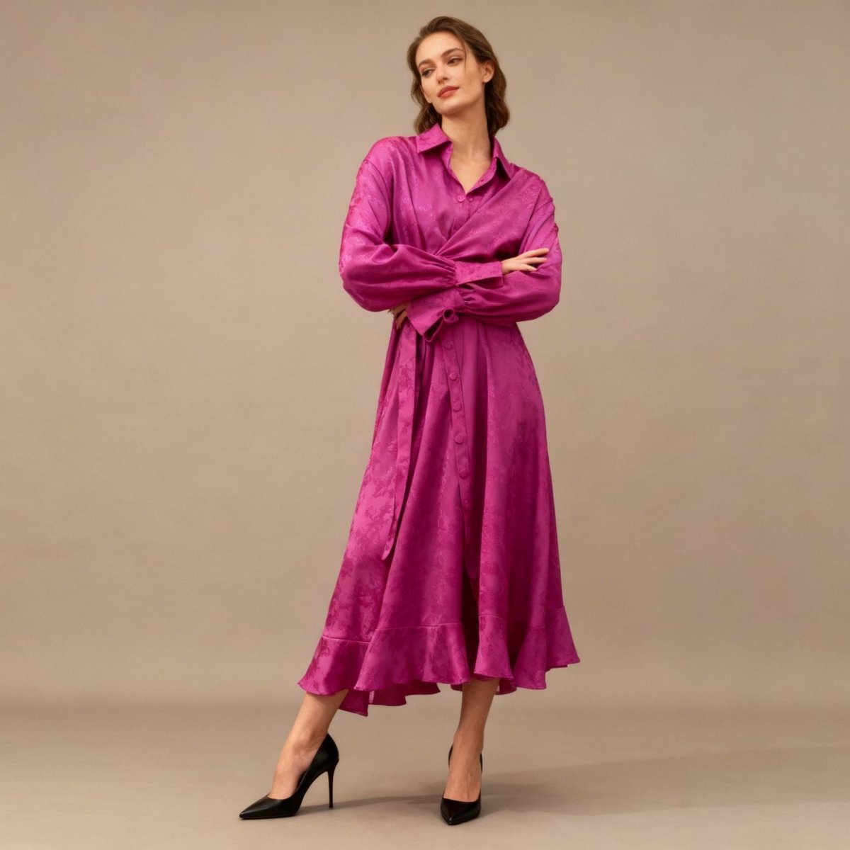 Floral Jacquard Wrap Dress | Collared Tie - Sleeve Maxi Dress(MS257) - Mariam's Collection