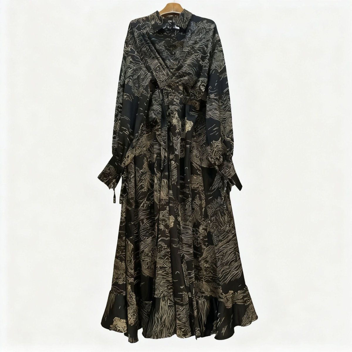 Floral Jacquard Wrap Dress | Collared Tie - Sleeve Maxi Dress(MS257) - Mariam's Collection