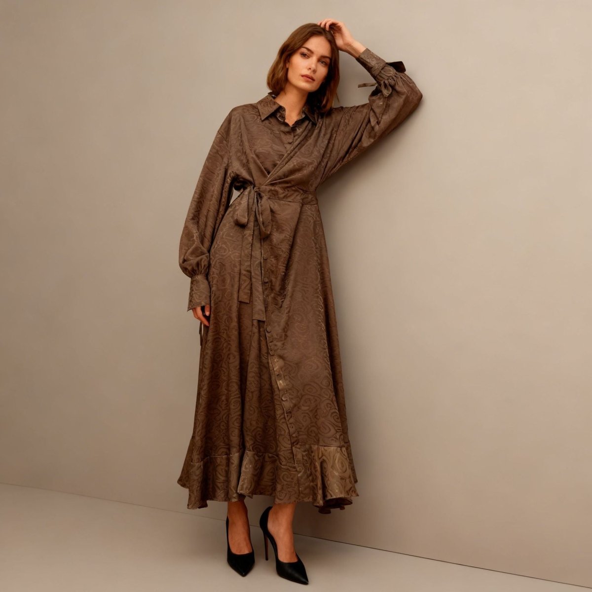 Floral Jacquard Wrap Dress | Collared Tie - Sleeve Maxi Dress(MS257) - Mariam's Collection
