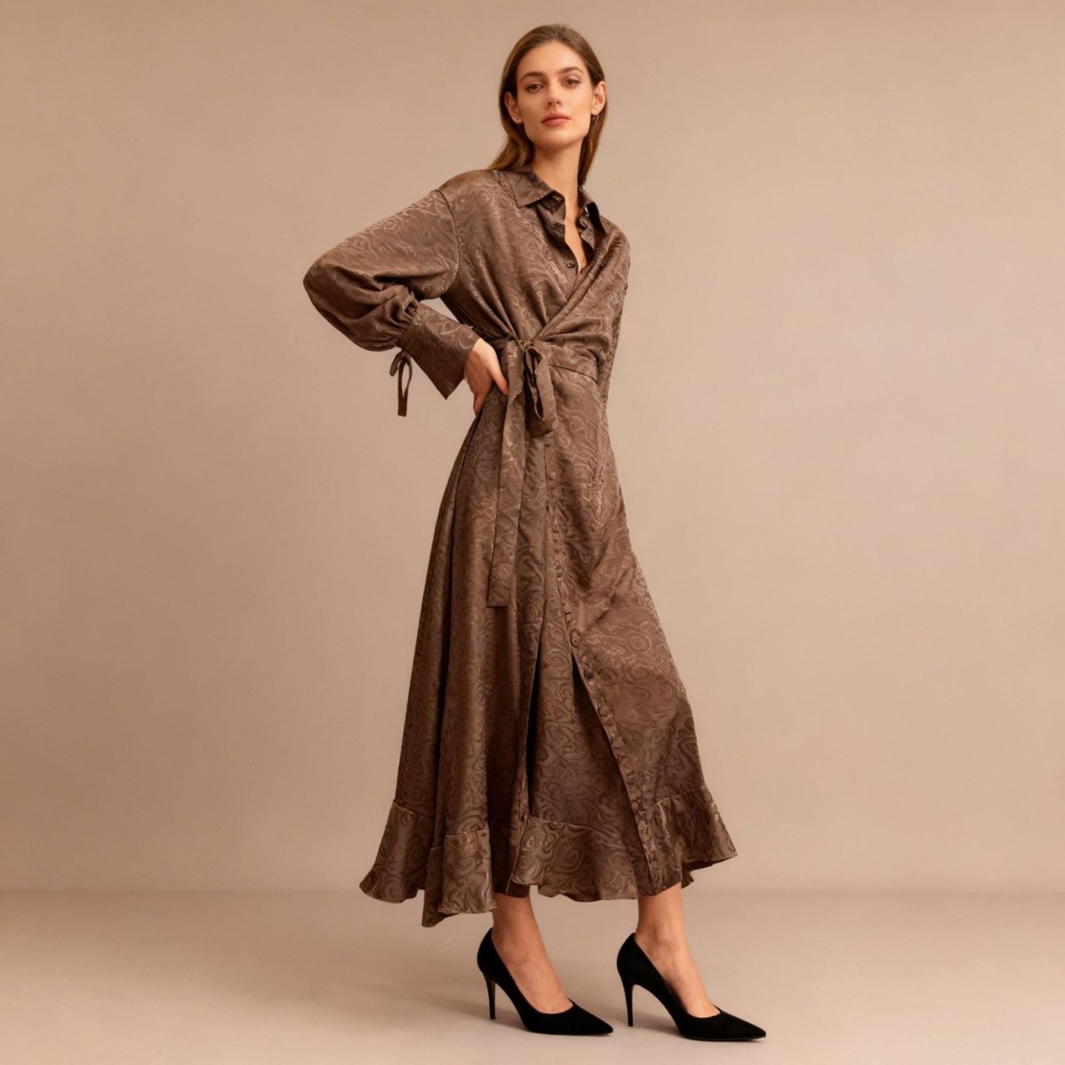 Floral Jacquard Wrap Dress | Collared Tie - Sleeve Maxi Dress(MS257) - Mariam's Collection