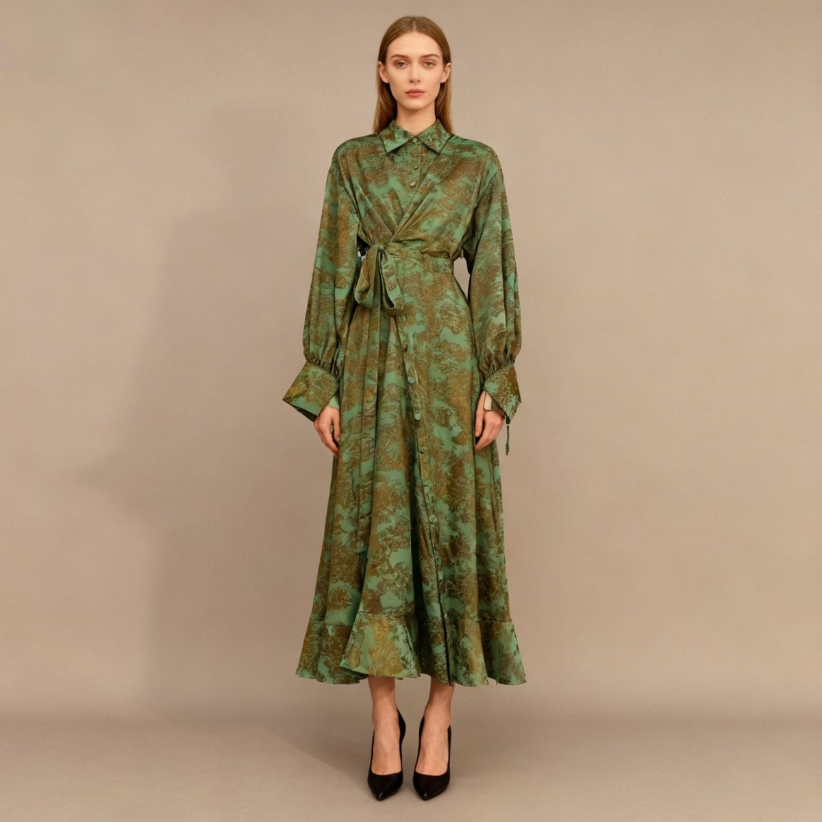 Floral Jacquard Wrap Dress | Collared Tie-Sleeve Maxi Dress(MS257) purple / Free Size Floral Jacquard Wrap Dress | Collared Tie-Sleeve Maxi Dress(MS257) purple / Free Size