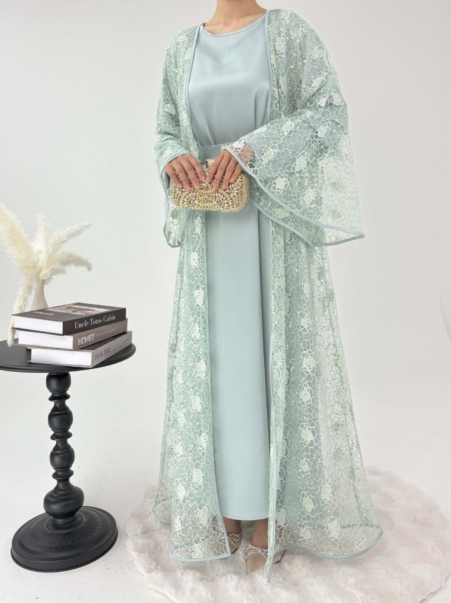 Floral Lace Abaya, Elegant Bell Sleeve Open Abaya 2 - Piece Set (MOA142) - Mariam's Collection
