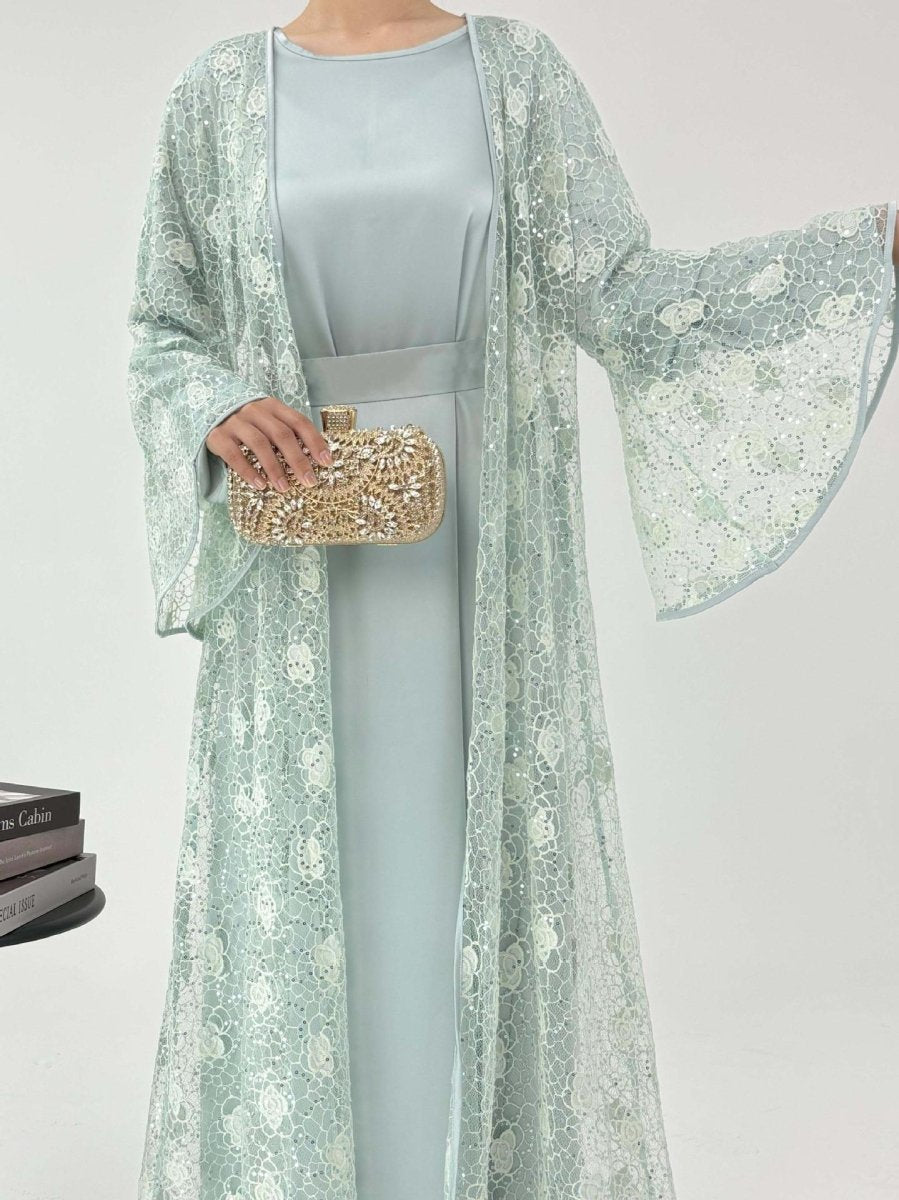 Floral Lace Abaya, Elegant Bell Sleeve Open Abaya 2 - Piece Set (MOA142) - Mariam's Collection