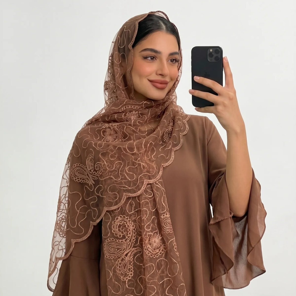 Floral Lace Embroidered Mesh Hijab(MH235) - Mariam's Collection