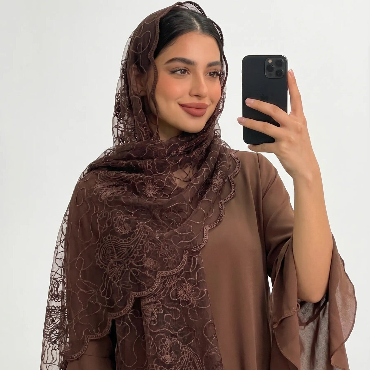 Floral Lace Embroidered Mesh Hijab(MH235) - Mariam's Collection