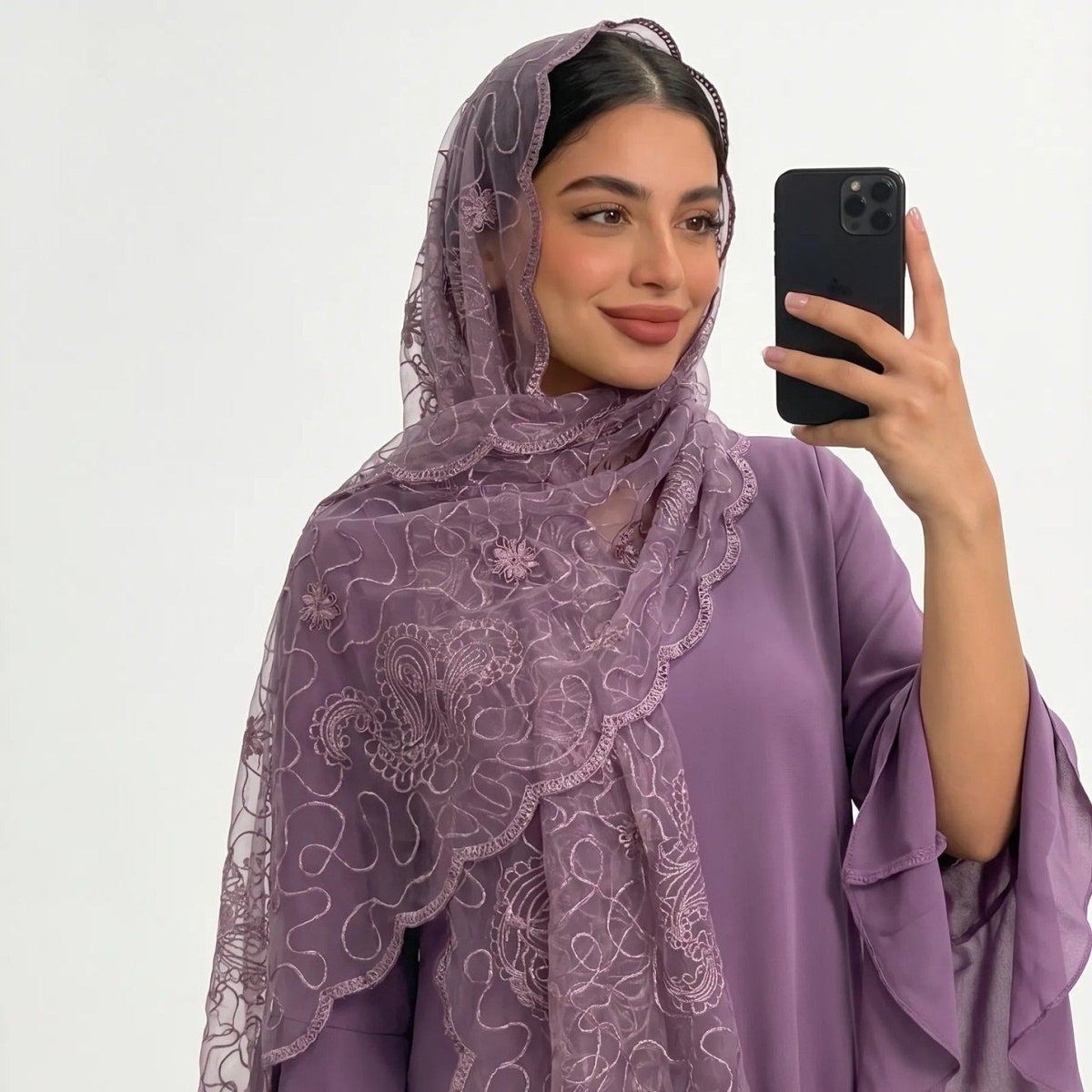 Floral Lace Embroidered Mesh Hijab(MH235) - Mariam's Collection