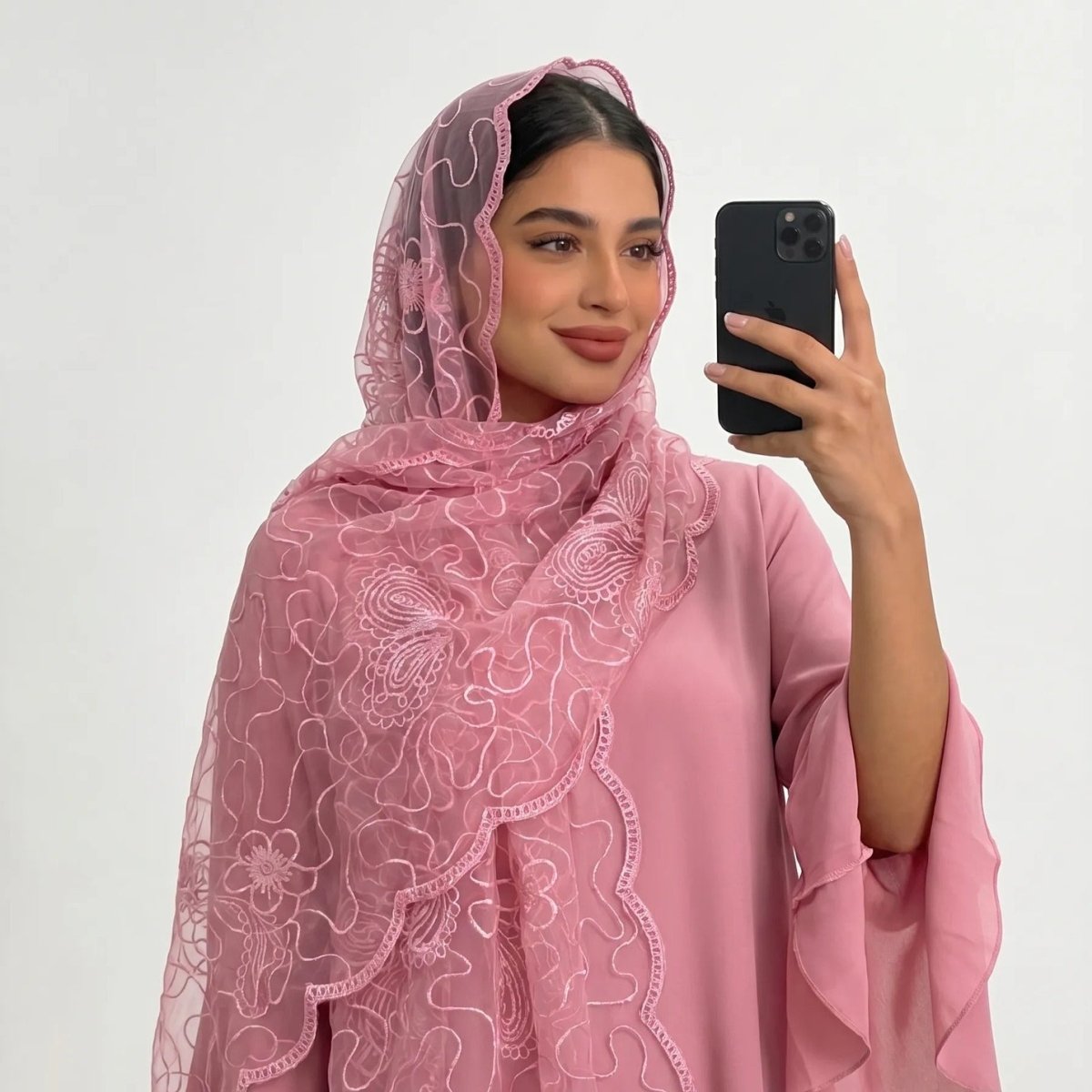 Floral Lace Embroidered Mesh Hijab(MH235) - Mariam's Collection