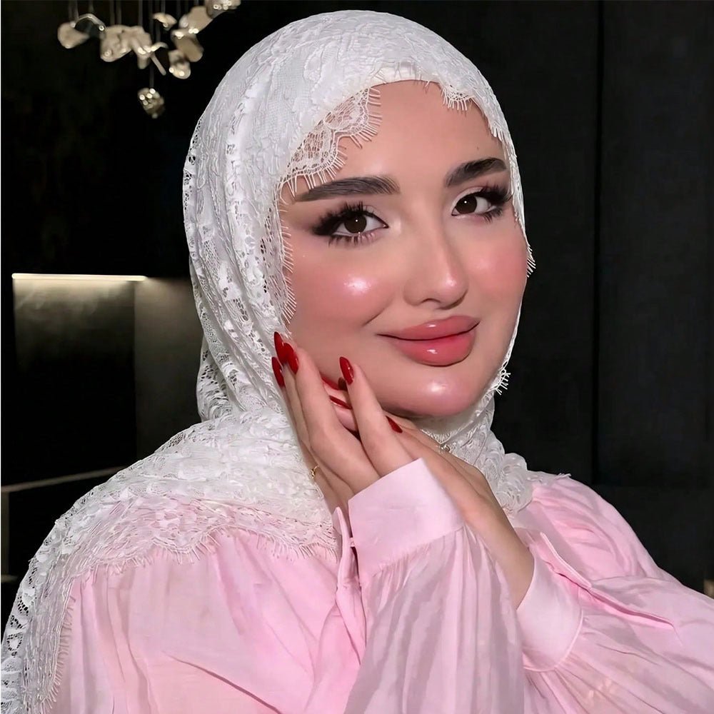 Floral Lace Hijab with Eyelash Fringe – Bridal Lace Hijab