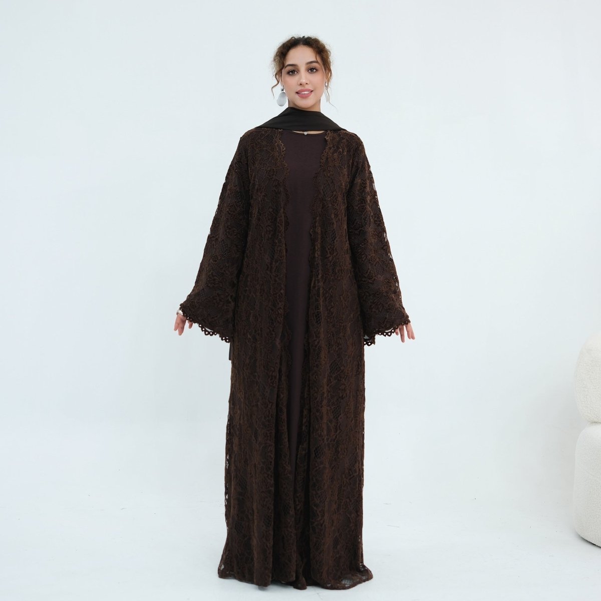 Floral Lace Open Abaya with Lining(MOA329) - Mariam's Collection