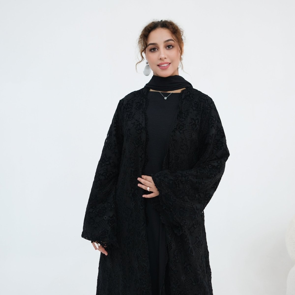 Floral Lace Open Abaya with Lining(MOA329) - Mariam's Collection