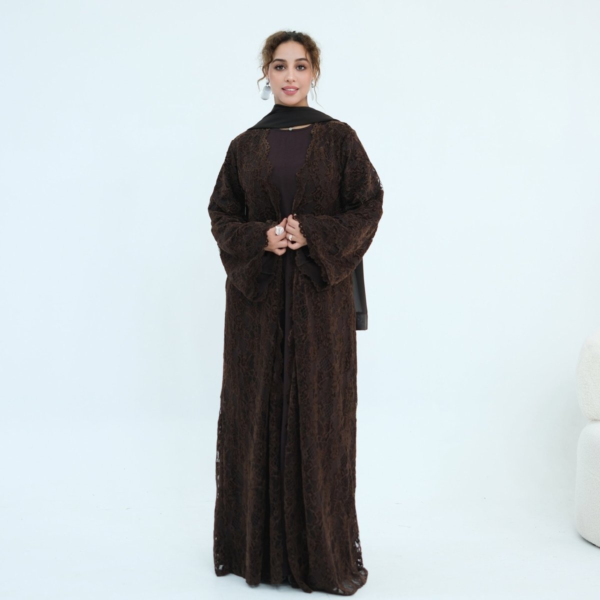 Floral Lace Open Abaya with Lining(MOA329) - Mariam's Collection
