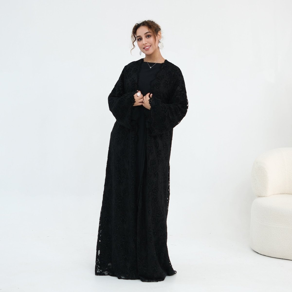 Floral Lace Open Abaya with Lining(MOA329) - Mariam's Collection