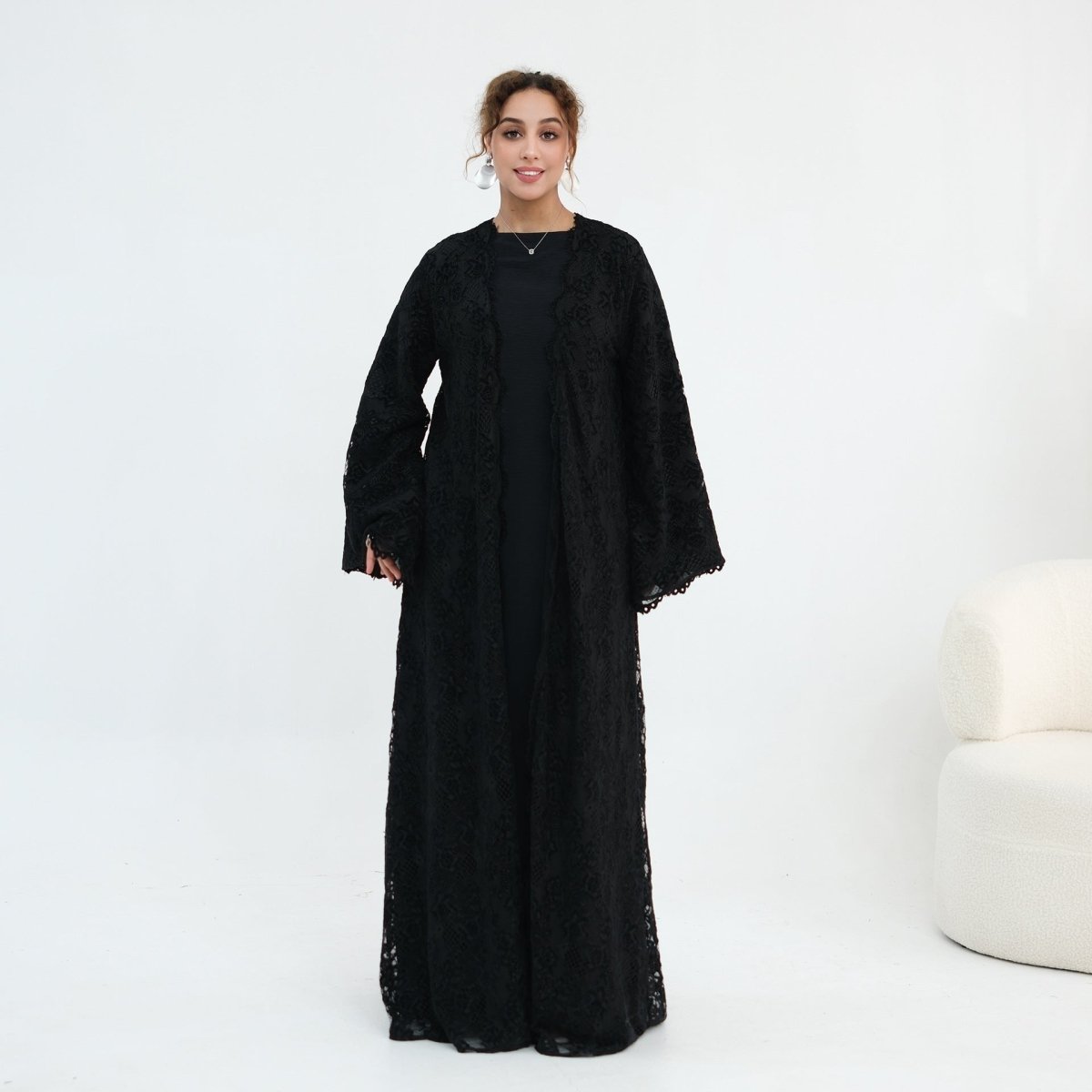Floral Lace Open Abaya with Lining(MOA329) - Mariam's Collection