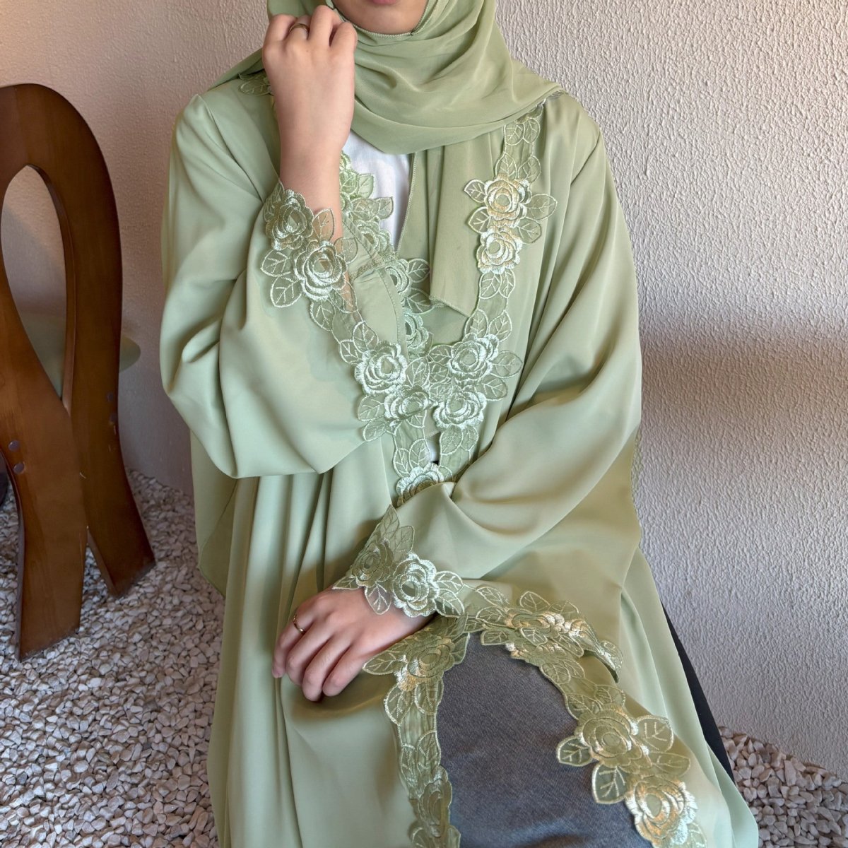 Floral Lace Trim Abaya with Hijab