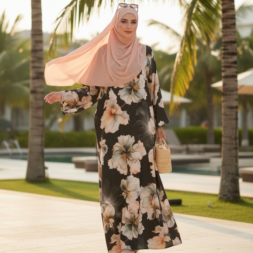 Floral Print Abaya with Bell Sleeves(MA332) - Mariam's Collection