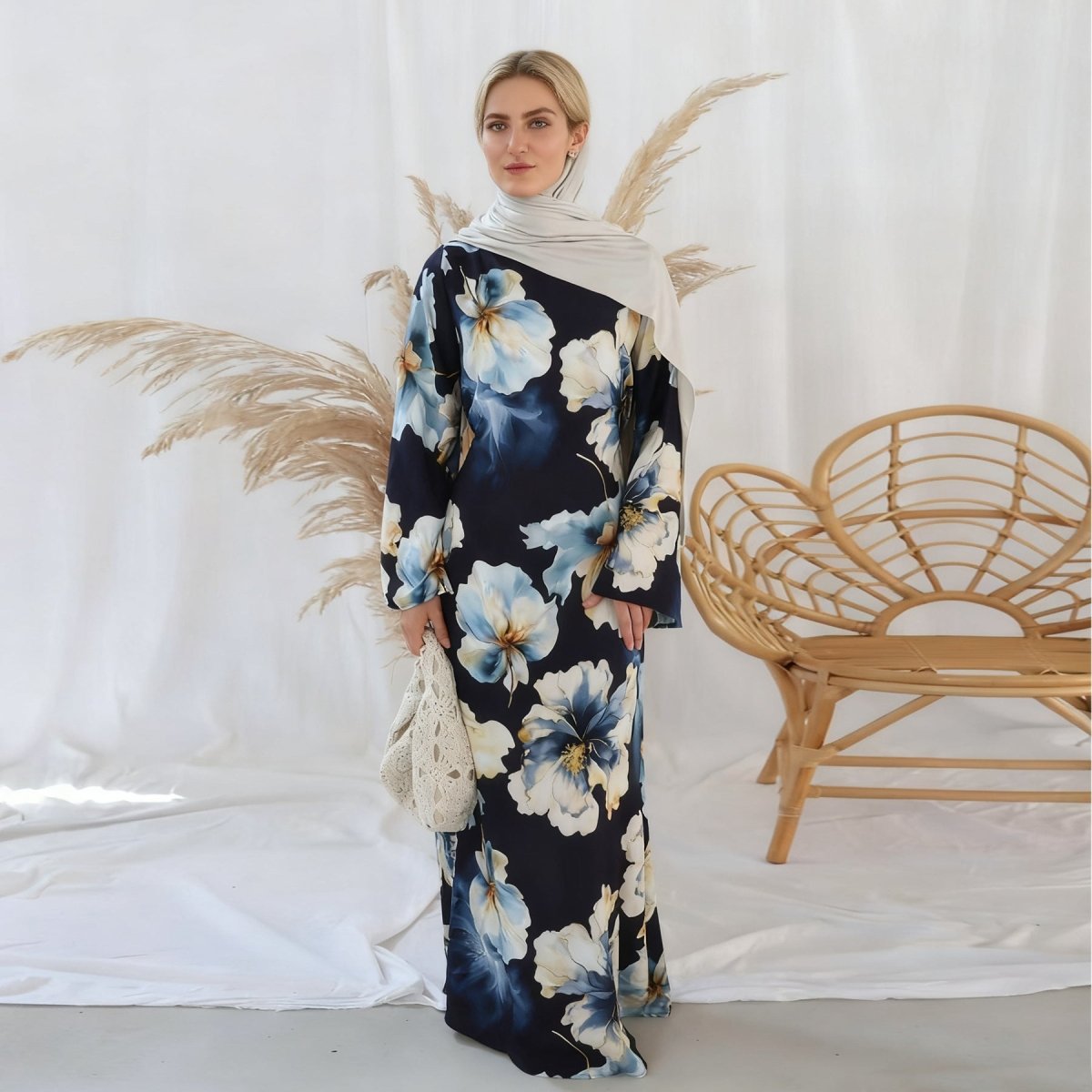 Floral Print Abaya with Bell Sleeves(MA332) - Mariam's Collection