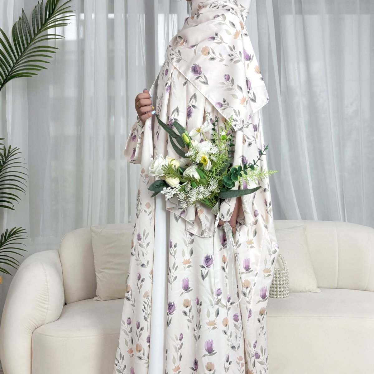 Floral Print Butterfly Sleeve Abaya Set | Resort Style Open - Front Cardigan(MOA256) - Mariam's Collection