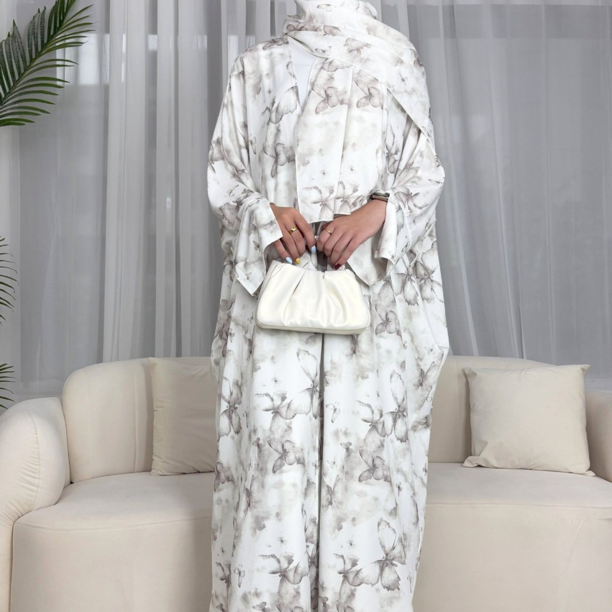 Floral Print Butterfly Sleeve Abaya Set | Resort Style Open - Front Cardigan(MOA256) - Mariam's Collection