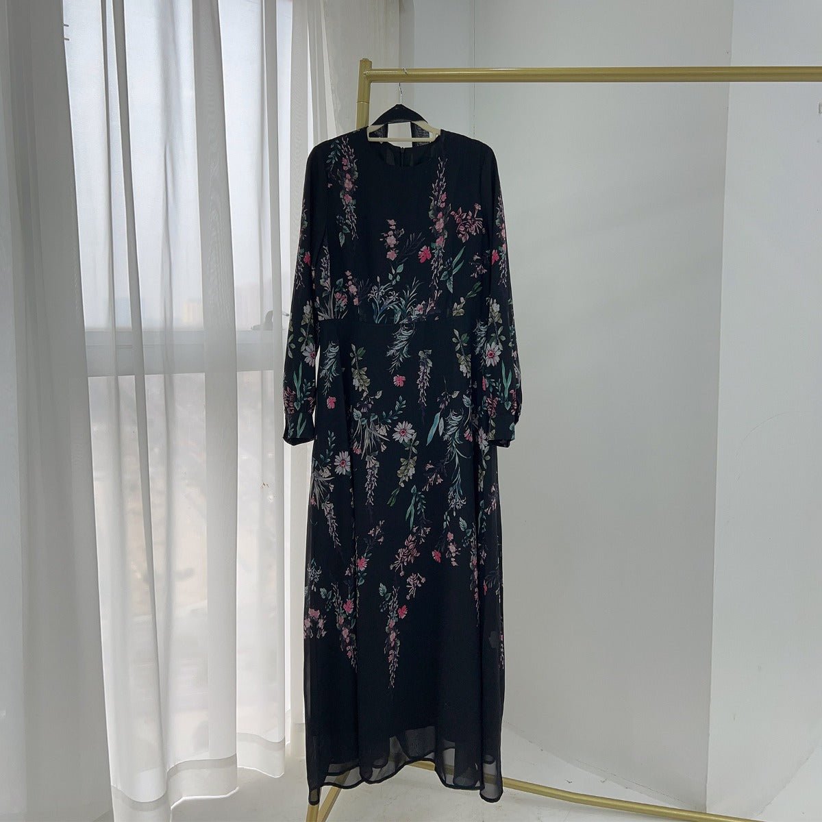 Floral Print Chiffon Maxi Dress | Modest High Neck Long Sleeve Dress with Belt. (MA238) - Mariam's Collection