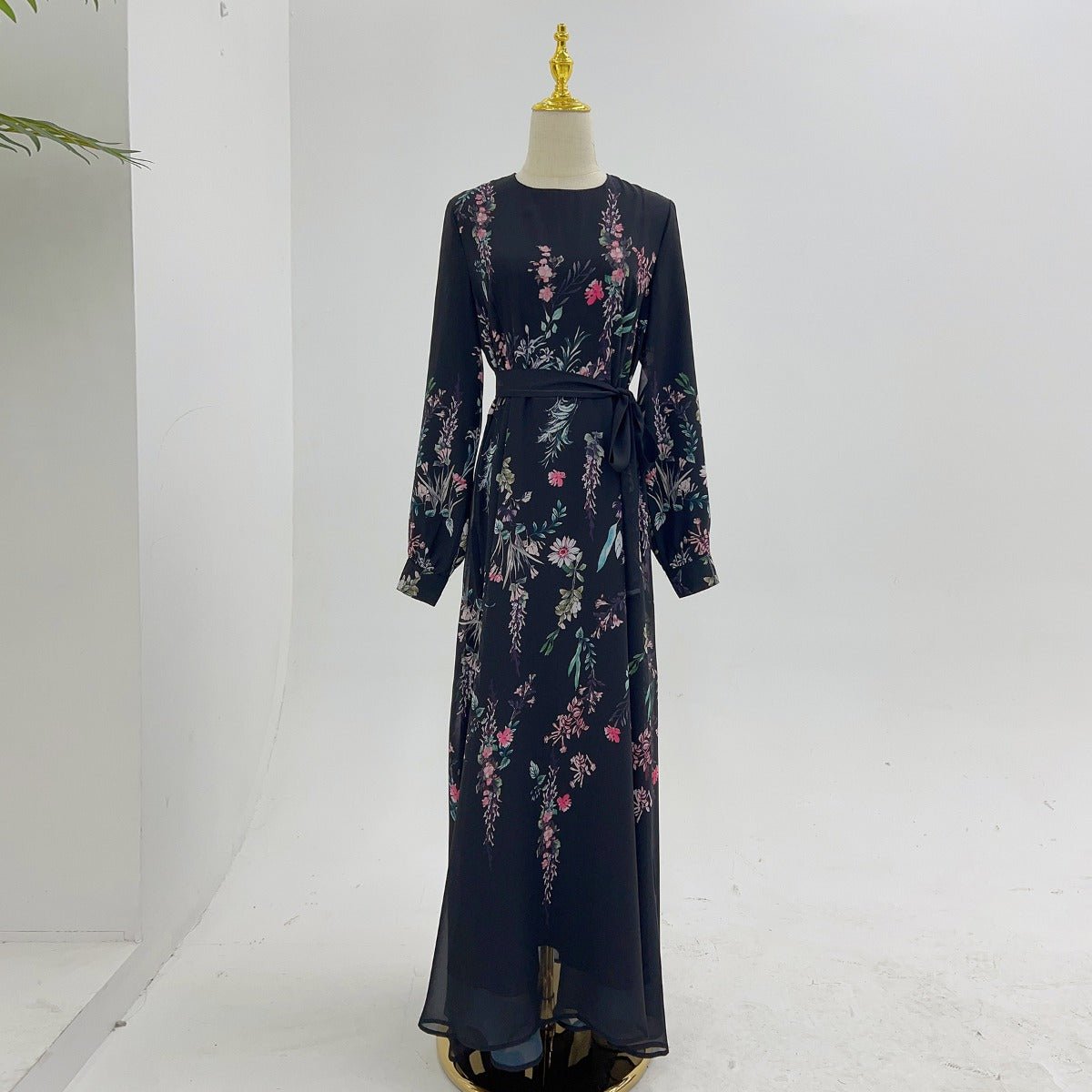 Floral Print Chiffon Maxi Dress | Modest High Neck Long Sleeve Dress with Belt. (MA238) - Mariam's Collection