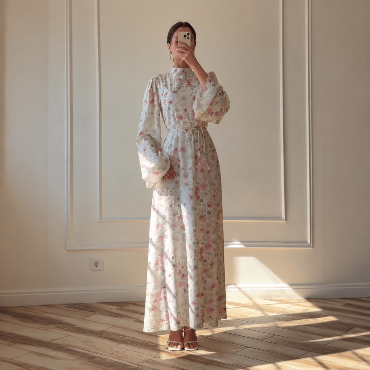 Floral Print Flared-Sleeve Waist Belt Maxi Dress(MS482) - Mariam's Collection