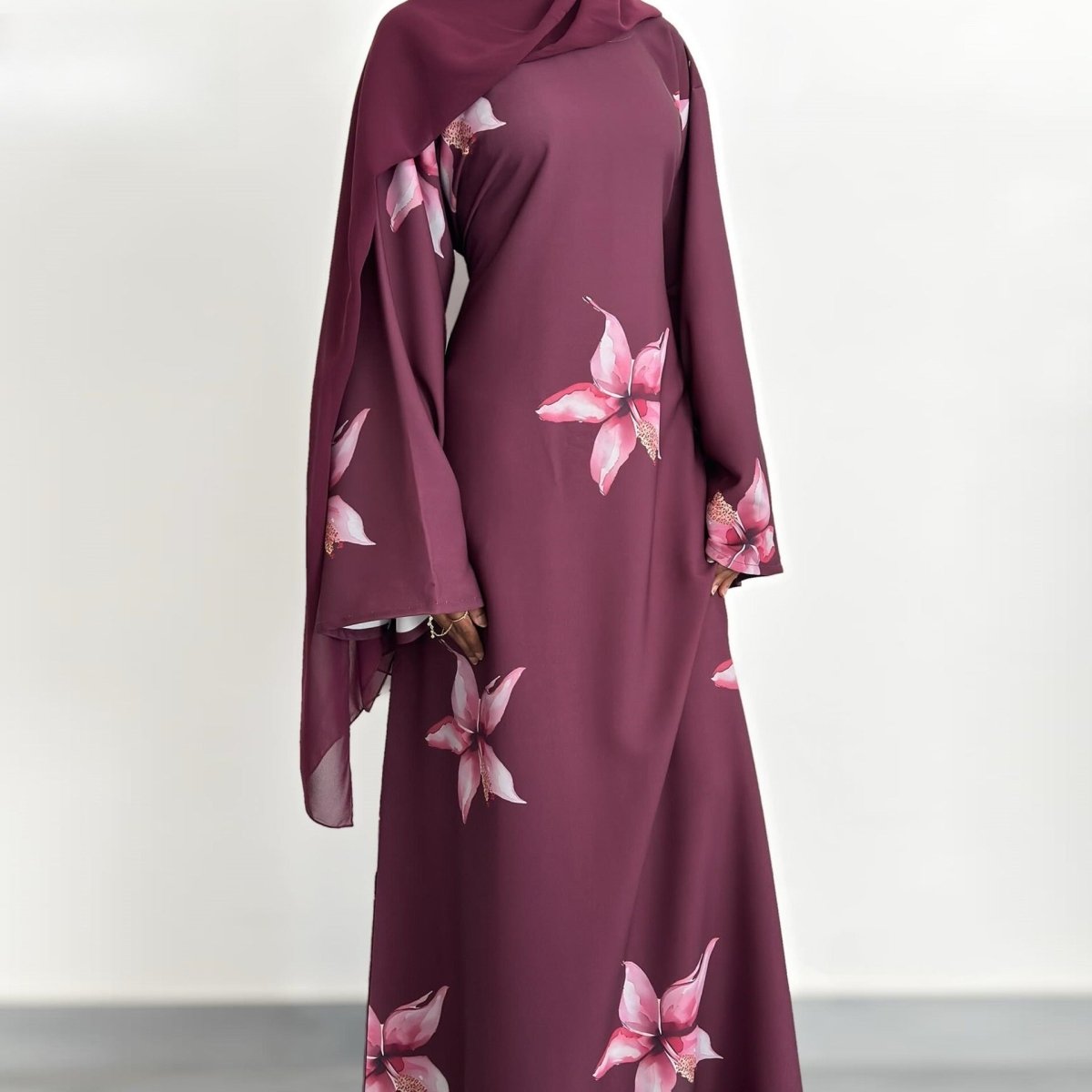 Floral Print Maxi Dress with Cape Sleeves – Modest Floral Abaya