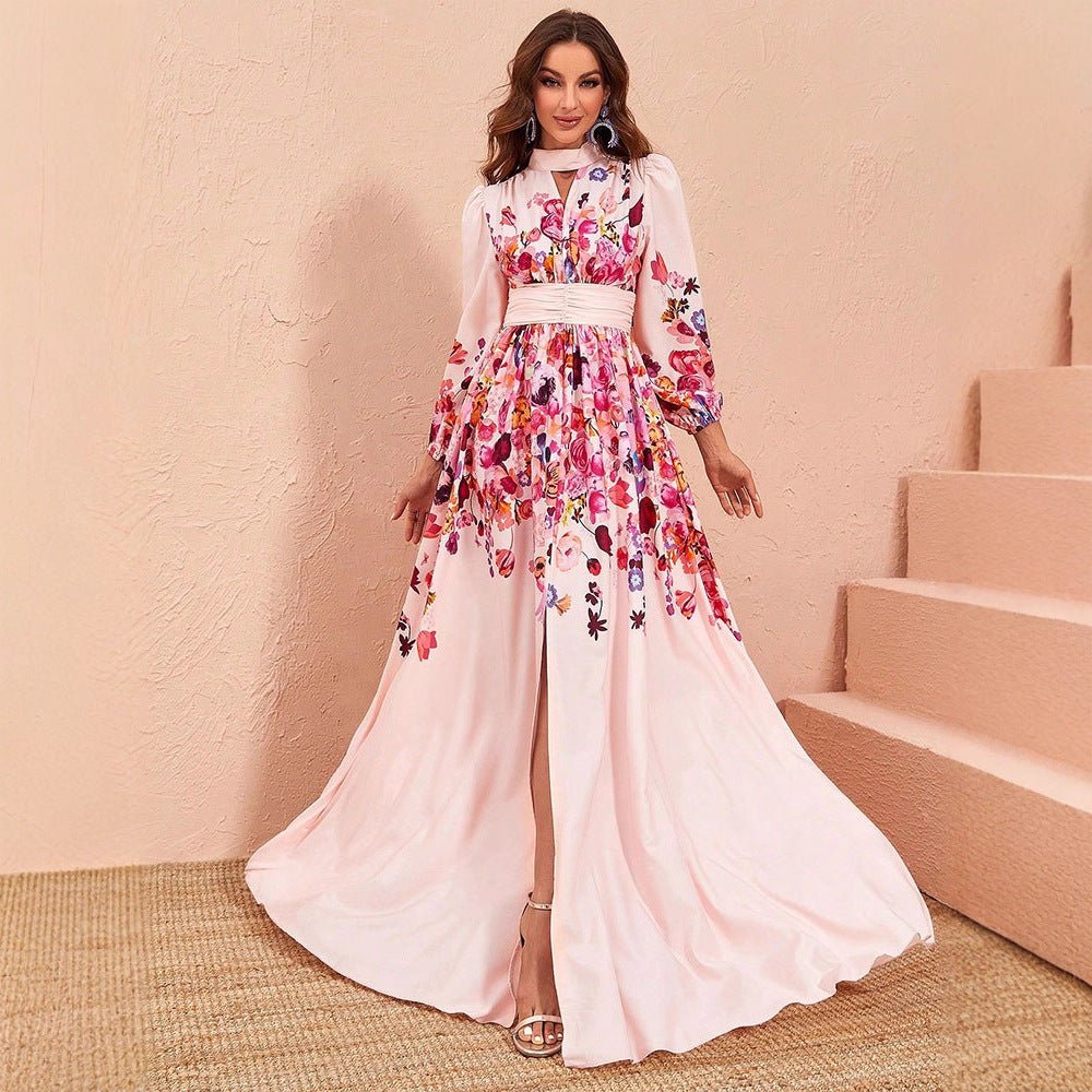 modest maxi dresses Zapaka Women Floral Print Pink Prom Dress A Line Long Sleeves Long Formal Dress with Slit, Pink / S
